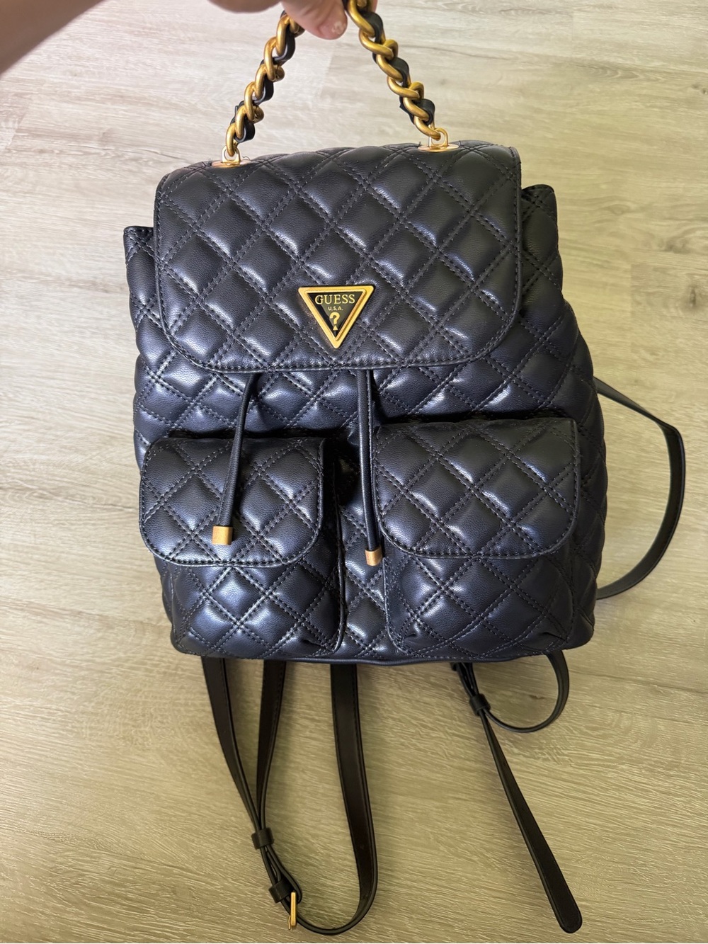 Guess Quilted Black Backpack with Gold Chain Handle
